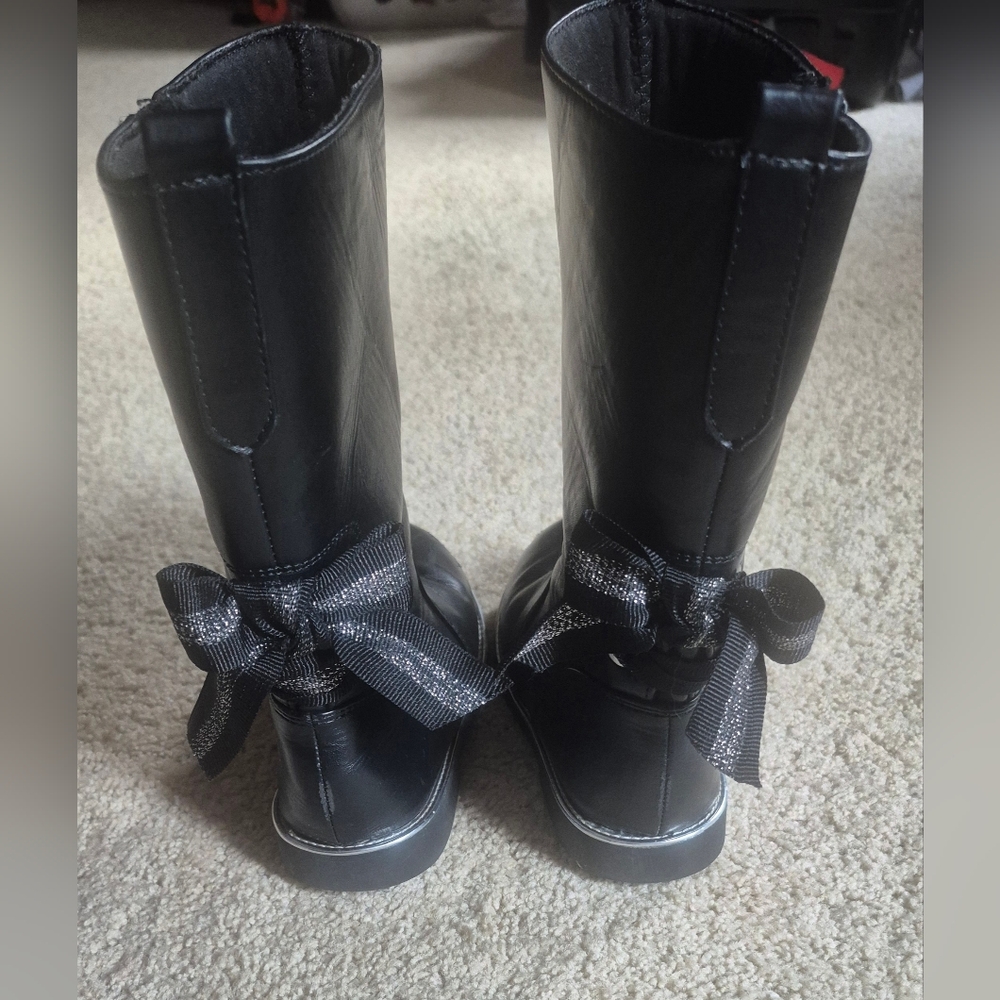Girls Cute Black Boots with Ribbon Detail